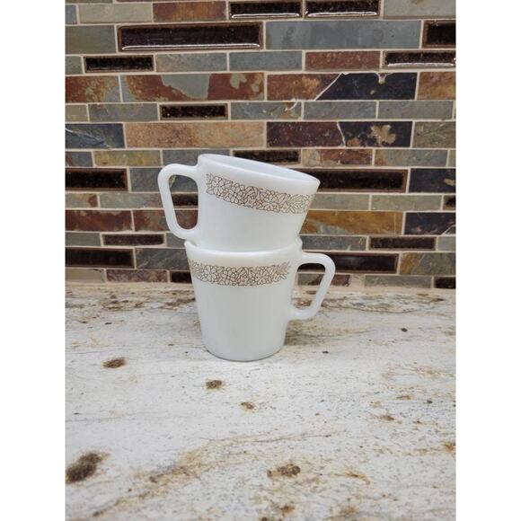 2 Vintage Woodland Mugs, Pyrex Cups, Milk Glass, D Handle, Dishes Dinnerware - Picture 1 of 6